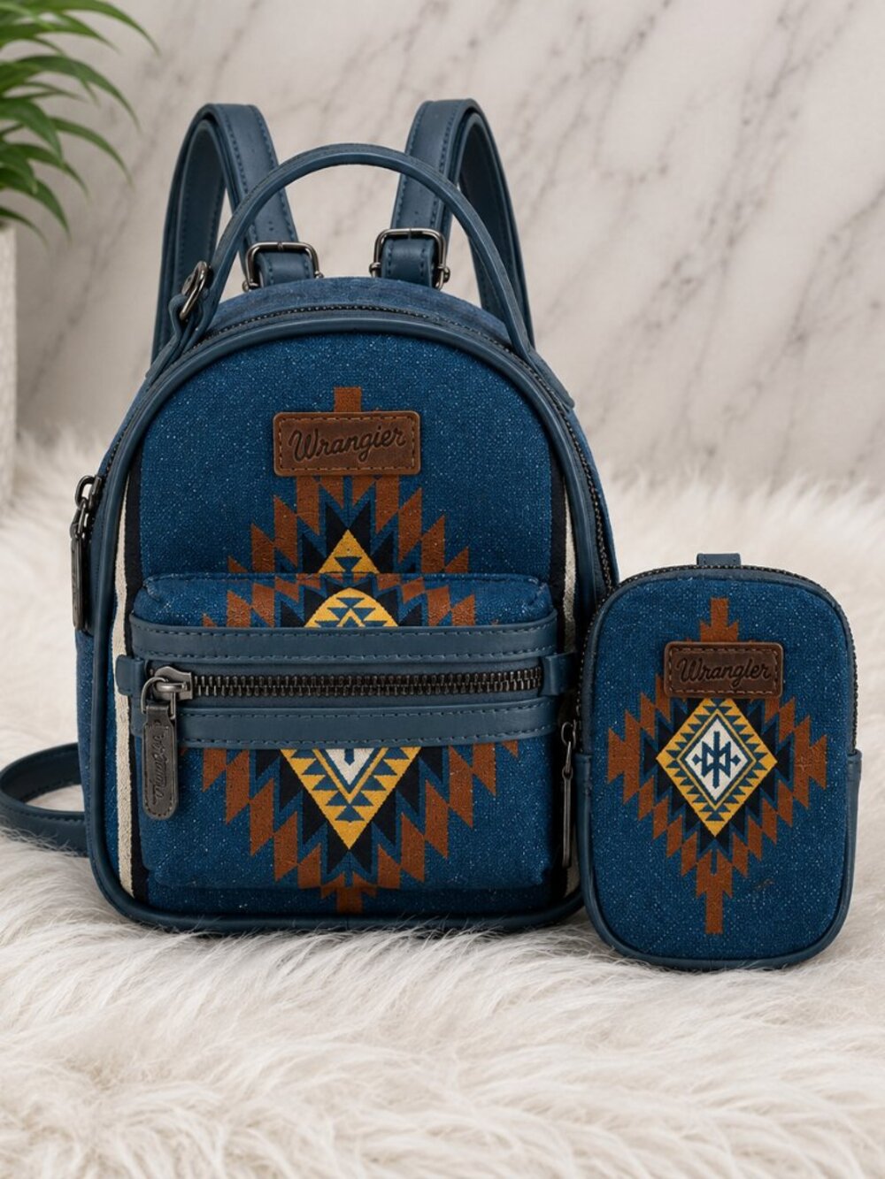 Wrangler Blue Aztec Mini Backpack with Matching Pouch